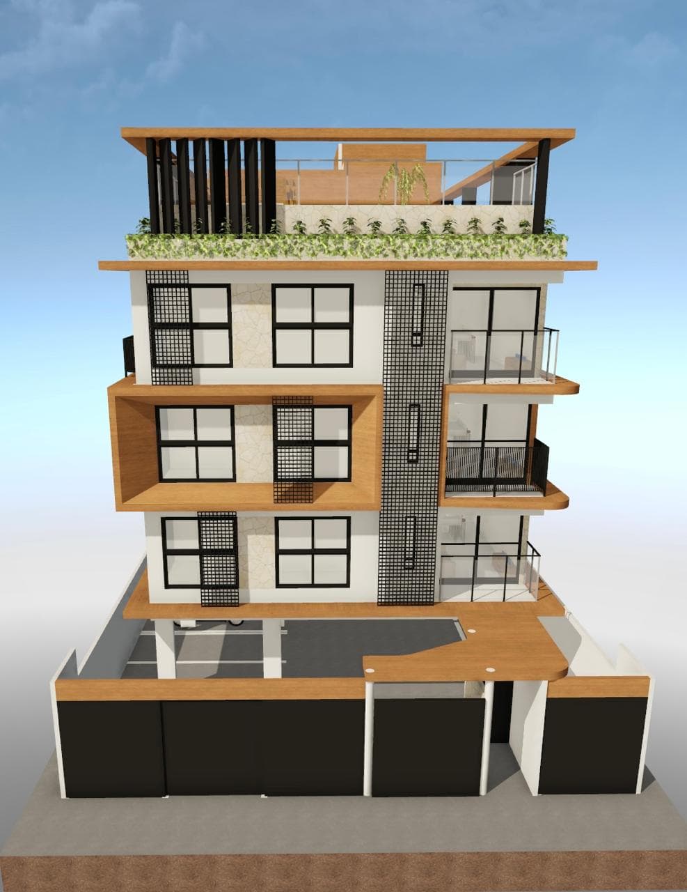 Maquete eletrônica da fachada de edifício residencial com quatro pavimentos
