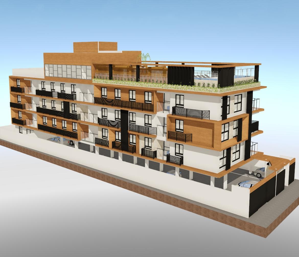 Perspectiva eletrônica de edifício residencial com varandas e terraço
