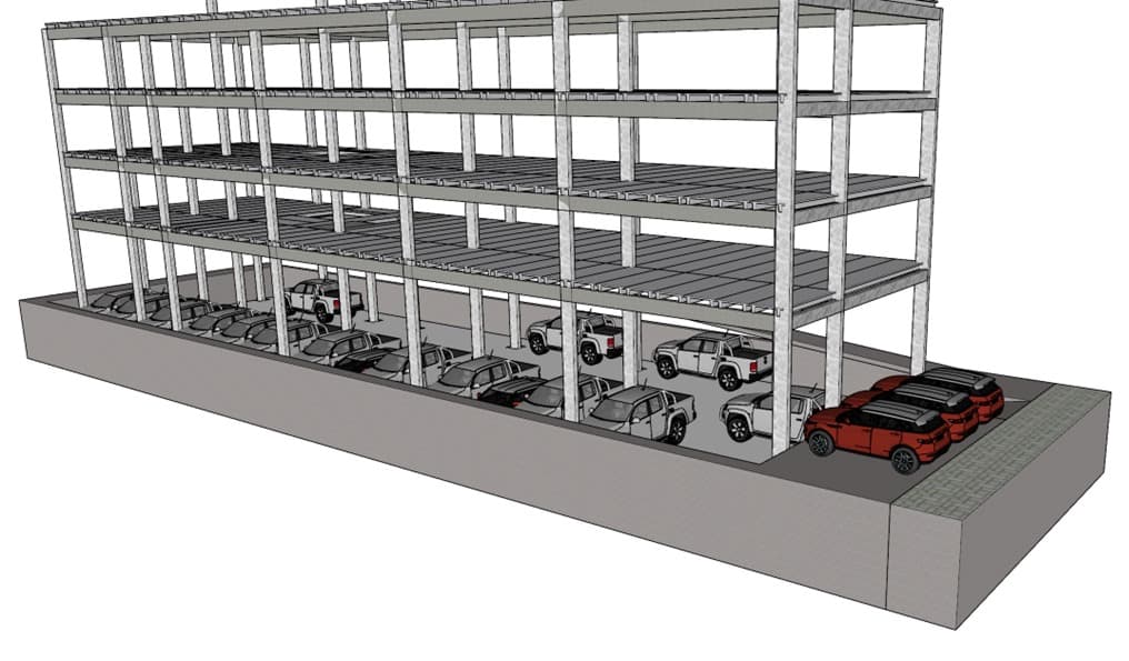 Maquete eletrônica de estrutura pré-moldada multipavimentos com estacionamento