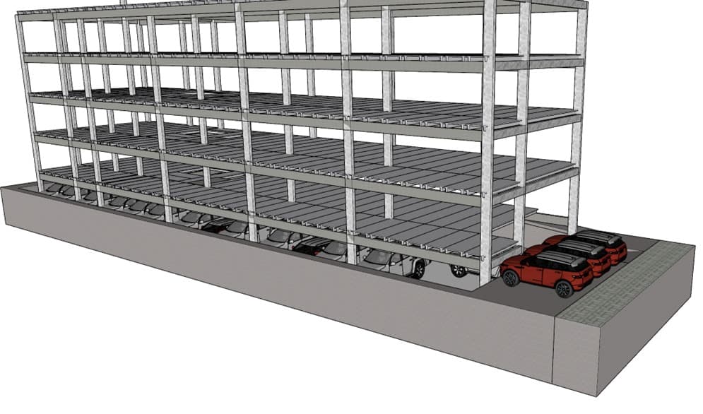 Vista elevada de modelo estrutural multipavimentos em concreto pré-moldado